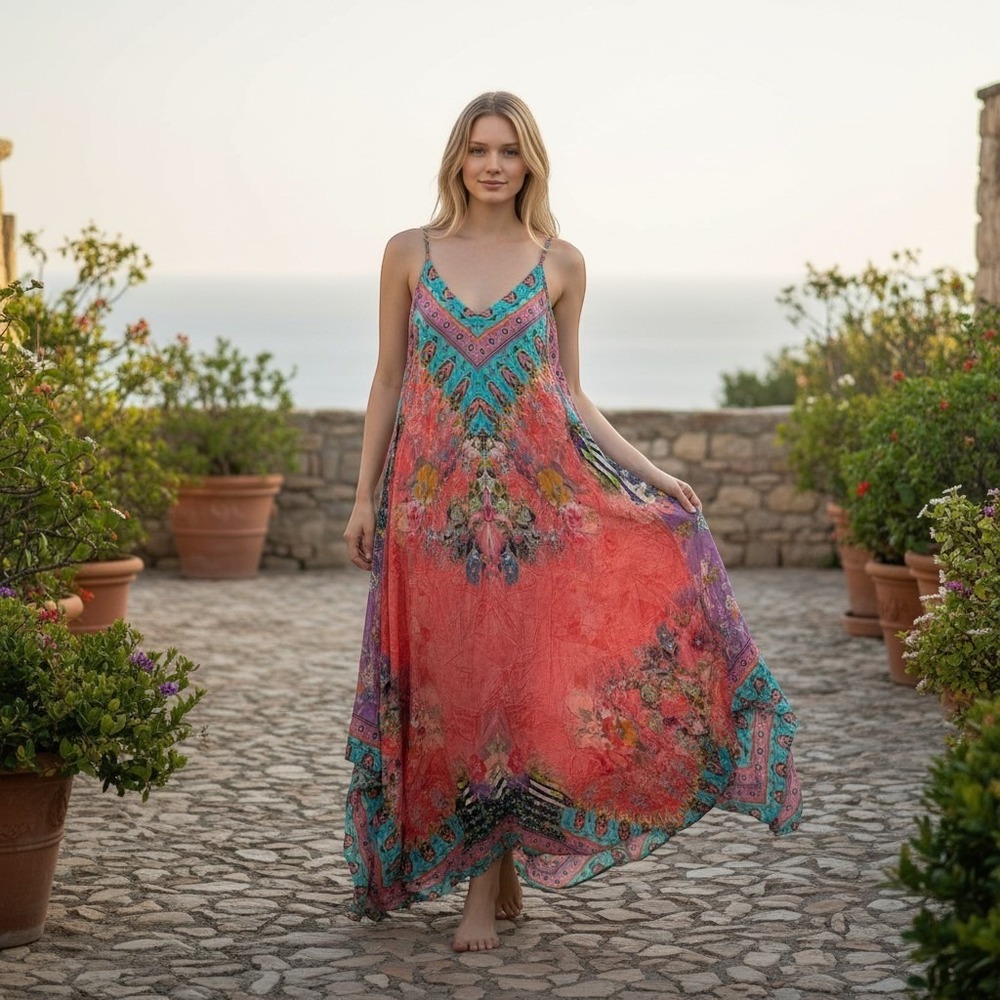 Tolani Collection Handkerchief Dress Womens L Multi Color Paisley Boho Modal